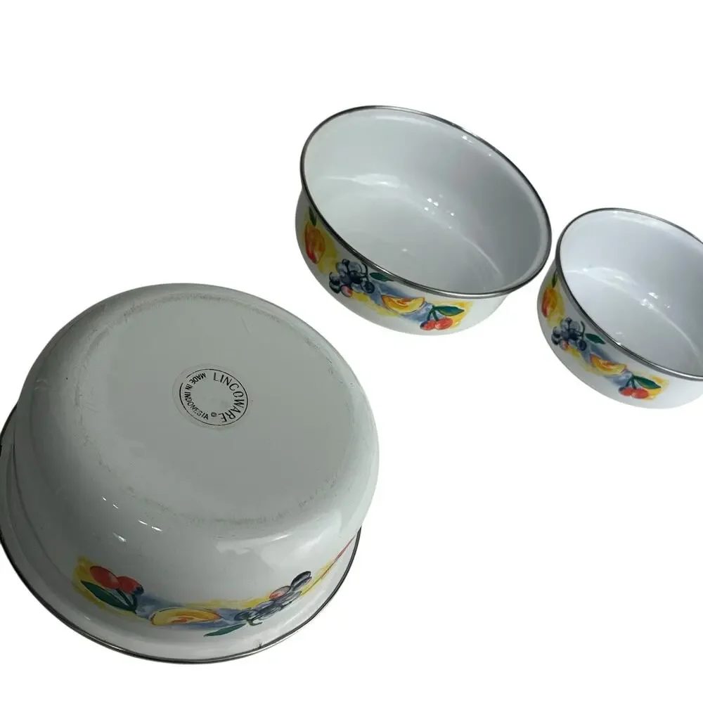 Vintage lincoware Enamel Mixing Nesting Enamelware Bowls Fruit Print Peach Set 3